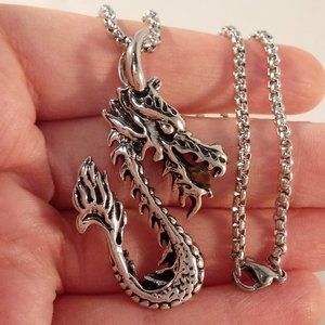 Mens Silver Stainless Steel Carved 3D Fire Dragon Pendant Rolo Chain Necklace